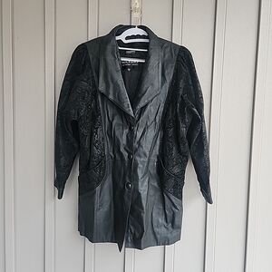 VTG Leather Coat Jacket Puff Paisley Embossed Sleeves Thinsulate Black Women XS